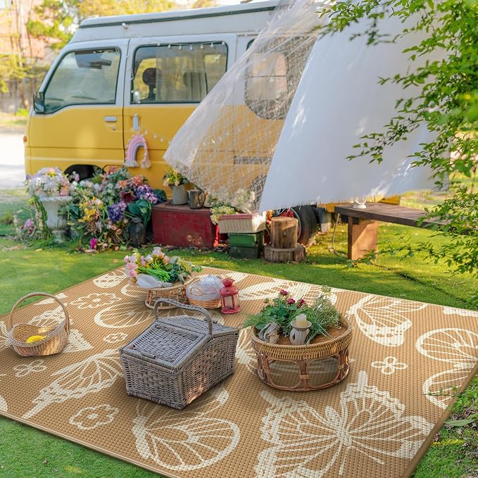 GENIMO Outdoor Rug, Waterproof Plastic Rugs for Patio, 6'x9' Brown Linen | Outside Larger Leaf Carpet Mat for Porch Decor, Deck, Balcony, Camping, RV, Backyard, Picnic, Beach, Reversible, Foldable