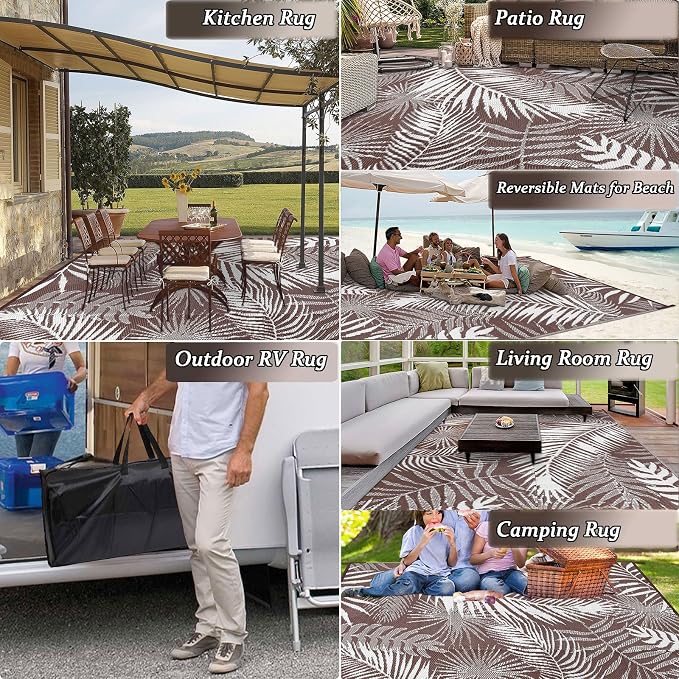 Outdoor Rugs 9'x12' for Patios Clearance Brown Reversible Outdoor Rug, Outdoor Plastic Straw Rug RV Camping Rug Large Outdoor Mat for RV, Patio, Backyard, Deck, Picnic, Beach, Trailer, Camping