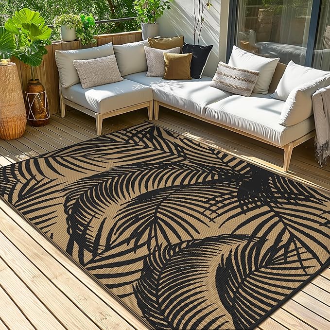 GENIMO Outdoor Rug, Waterproof Plastic Rugs for Patio, 8'x10' Black | Outside Larger Leaf Carpet Mat for Porch Decor, Deck, Balcony, Camping, RV, Backyard, Picnic, Beach, Reversible, Foldable