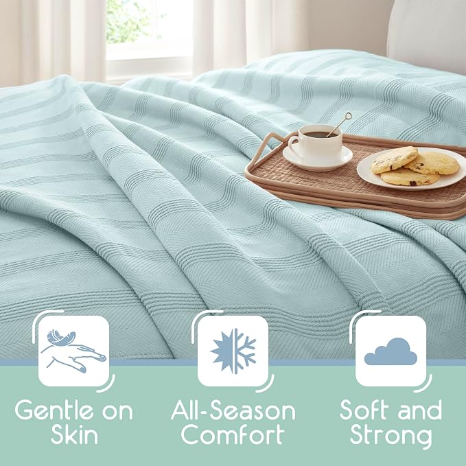 Vellux 100% Cotton Blanket, Queen, 90x90, Light Blue | Soft, Breathable Knit, Lightweight, All Season, Machine Washable, Oeko-Tex Certified, Hotel Quality