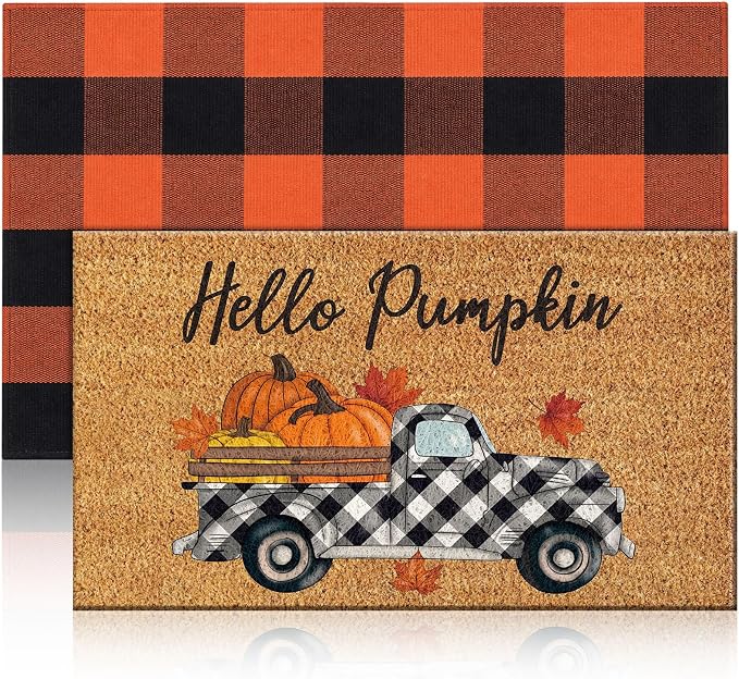 Moucuny 2 Pcs Fall Door Mat, Layered Hello Pumpkin Welcome Coir Doormat with Orange and Black Buffalo Plaid Rug, Non-Slip Backing, Fall Farmhouse Autumn Porch Decor for Entryway Patio Decor