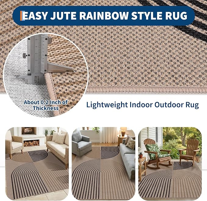 COZYLOOM 4x6 Easy Jute Outdoor Patio Rug, Machine Washable Area Rugs for Living Room, Non Slip Modern Arch Striped Rug Stain Resistant Farmhouse Carpet for Entryway, Bedroom, Backyard, Nature/Tan