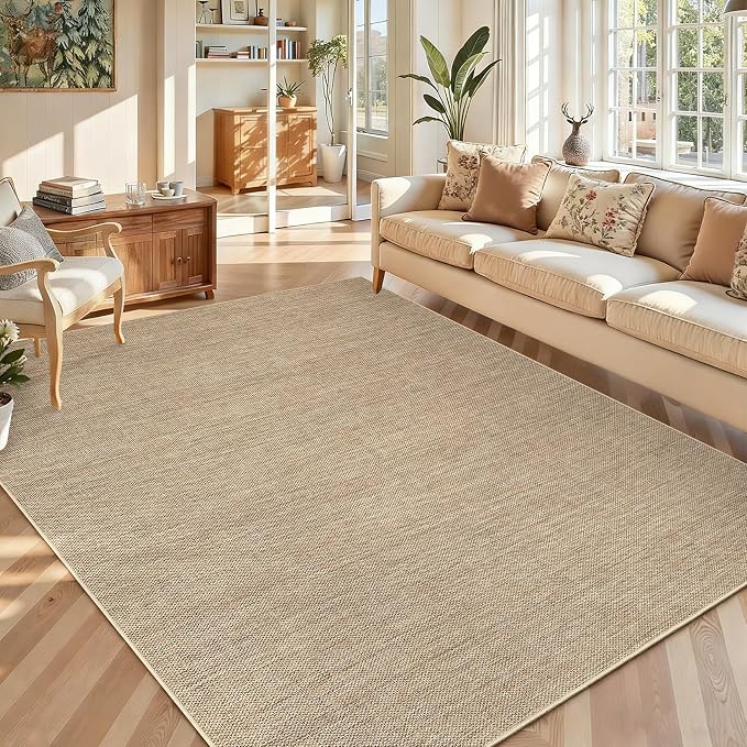 GarveeHome 9x12 Large Area Rug for Living Room Easy Jute Modern Rugs | Non Slip Low Pile Neutral Bordered Solid Tan Dining Room Rugs Washable Carpet for Bedroom Home Office Decor, Jute