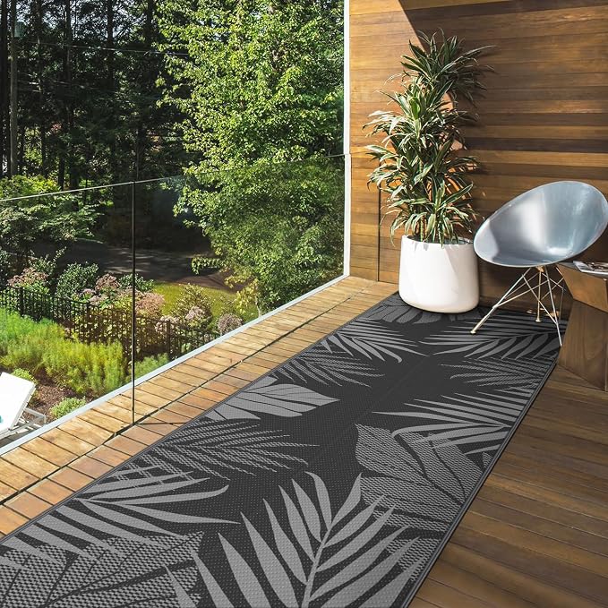 GENIMO Outdoor Rug, Waterproof Plastic Runner Rugs, 2.5'x8' Black Grey | Outside Leaf Carpet Mat for Patio Decor, Porch, Deck, Balcony, Camping, RV, Picnic, Beach, Reversible, Foldable, Lightweight