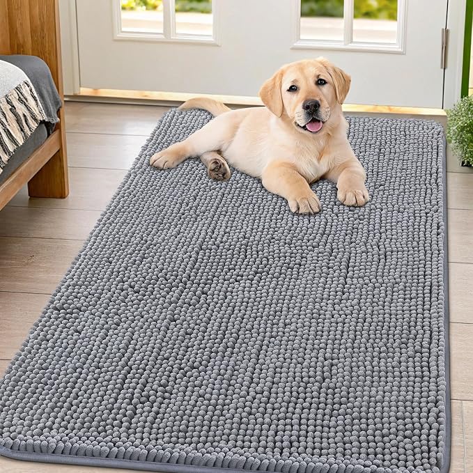 Smiry Dog Door Mat for Muddy Paws 54x32, Absorbent Dirt Trapper, Non-Slip Washable Chenille Entryway Rug for Inside Floor, Grey, Classic Solid