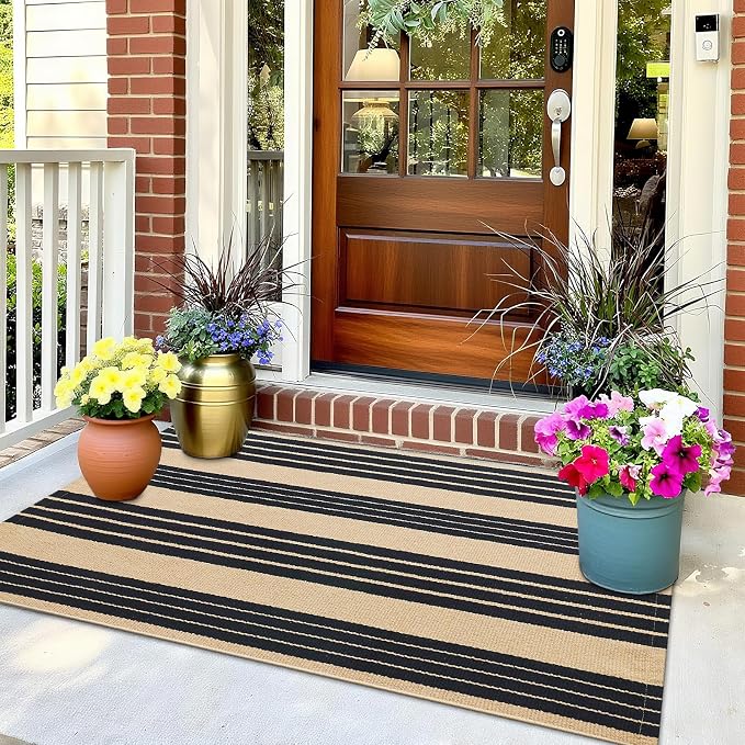 OLANLY Brown and Black Classic Striped Rug 3' x 5' – Washable Cotton Indoor Outdoor Doormat for Front Door, Entryway, Kitchen, Porch, Patio Decor