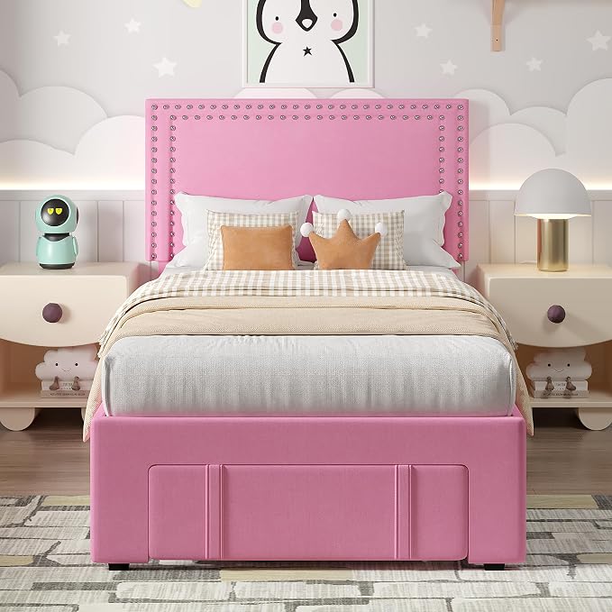 VECELO Twin Size Upholstered Bed Frame with Storage Drawer, Adjustable Velvet Rivet Decor Headboard, Wooden Slats Platform Support, No Box Spring Needed, Easy Assembly,Pink