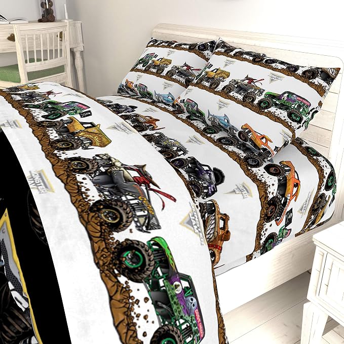 Monster Jam Full Size Comforter Set 5 Piece Kids Bedding for Boys, Black | Grave Digger Megalodon, Comforter Sheets Pillowcases, Official Product, Soft Microfiber, Machine Washable, Boys Gift