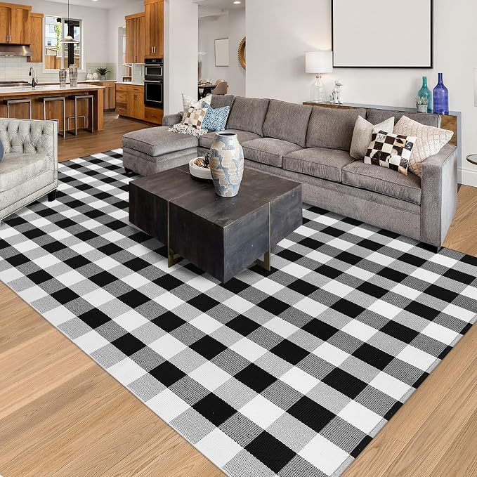 Buffalo Plaid Rug - 6x9 Feet, Black and White Checkered, Cotton Woven, Washable Indoor/Outdoor Area Rug for Living Room, Dining Room, Bedroom, Patio