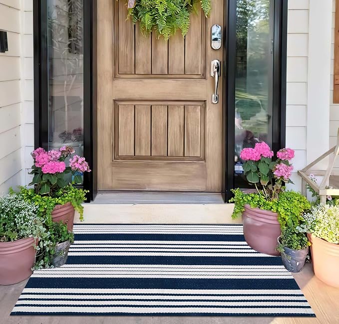 Blue and White Striped Doormat 24'' x 35'' Front Porch Rug Machine Washable Indoor Outdoor Doormat for Front Porch Hand-Woven Entryway Rug for Laundry/Bathroom/Bedroom