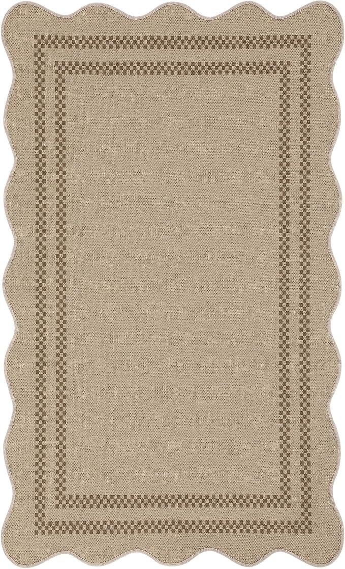Tribesigns Scalloped Easy Jute 3x5 Washable Outdoor Patio Rug, Tan/Checkered Non-Slip Kitchen Area Rugs for Entryway Door, Geometric Indoor Carpet for Living Bedroom Office