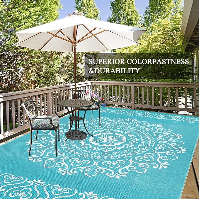 Pauwer Outdoor Rug 9x12, Waterproof Plastic Straw Camping Rug, Floral Teal | Reversible Patio Rug, UV Resistant Indoor Outdoor RV Mat Carpet For Deck, Camper, Porch, Balcony, Backyard, Picnic, Foldable
