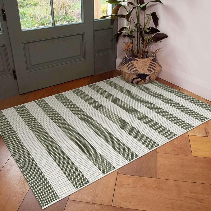 LEEVAN Outdoor Patio Rug 3x5, Washable Striped Front Porch Mat, Spring Colorful Outside Entryway Rug, Woven Welcome Doormat Green and White Buffalo Backyard Layered Mat for Entrance/Go Away/Deck