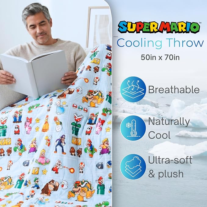 Super Mario Gaming Cooling Throw Blanket, 50 x 70 Inch Versatile Lightweight All-Season Throw, Soft Breathable Cooling Fabric for Couch, Bed & Sofa (Officially Licensed Product) by Franco Calm