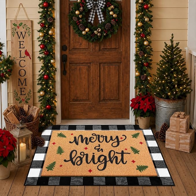 Tinideya 2 Pcs Door Mat Welcome Non Slip Coir Mats Floor Layering Doormats Seasonal for Front Porch Entryway Decor(Rustic Christmas)