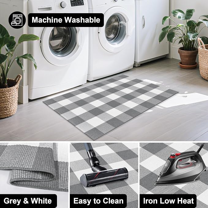 Buffalo Plaid Outdoor Rug 27.5x43 Inches Grey and White Checkered Rug Washable Front Porch Layered Doormats Indoor Outdoor Farmhouse Carpet for Entryway Patio Kitchen Decor