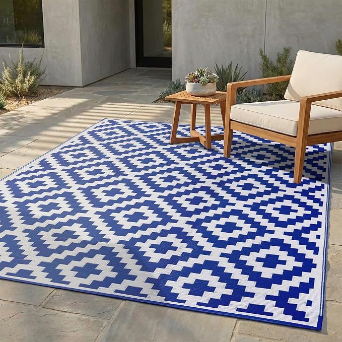 FH Home Outdoor Camping Rug - Waterproof, Fade Resistant, Reversible - Premium Recycled Plastic - Geometric - Large Patio, Deck, Sunroom, RV - Aztec - Blue & White - 9 x 12 ft Foldable