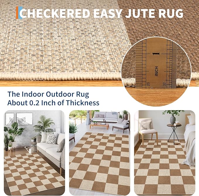 GarveeHome Checkered Easy Jute Area Rug 10x13 Machine Washable Non-Slip Stain Resistant Indoor Outdoor Rugs for Living Room, Bedroom, Kitchen, Dining, Patio Farmhouse Style Brown