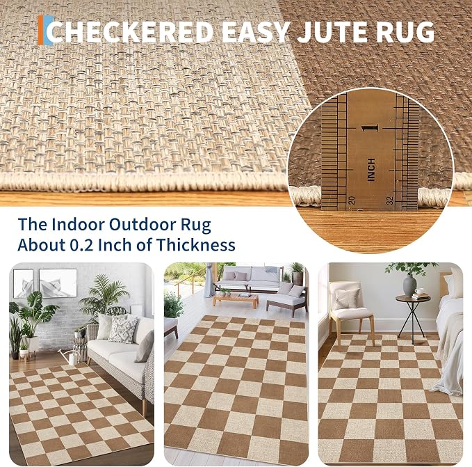 GarveeHome Checkered Easy Jute Runner Rug 2x6 Non-Slip Machine Washable Stain Resistant Indoor Outdoor Rugs for Living Room, Bedroom, Kitchen, Dining, Patio - Farmhouse Style Brown