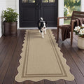 Tribesigns Scalloped Easy Jute 2x6 Kitchen Runner Rugs Non Skid Washable, Tan/Striped Low Pile Runners for Hallways, Farmhouse Indoor Outdoor Carpet for Laundry Porch Entryway