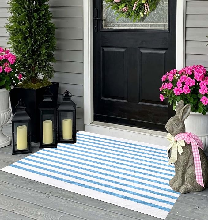 Light Blue White Outdoor Front Door Mat 24"x35",Cotton Woven Washable Striped Layered Doormat Indoor Outdoor Area Rug for Entryway Porch Decor Home Entrance