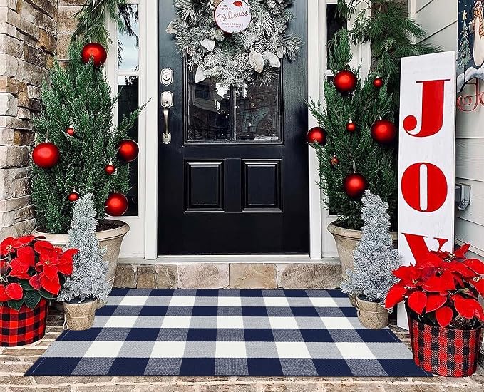 Blue and White Checkered Outdoor Rug 27.5''x 43.3''Buffalo Plaid Layered Doormat Woven Machine Washable Farmhouse Door Mats Outdoor for Hello/Welcome Mat,Entryway,Bedroom,Patio