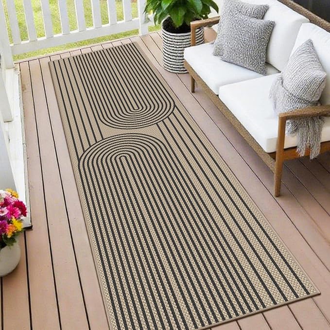 Faux Jute Hallway Runner Rug, 2' x 8' Kitchen Runner, Black Farmhouse Ultra-Thin Washable Non-Slip Carpet Runner for Laundry, Bedroom, Backyard, Outdoor, Home Decor