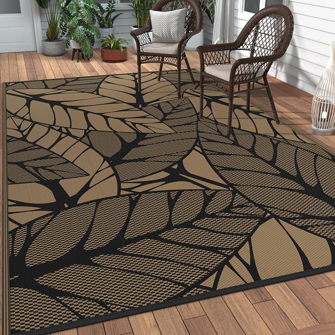 GENIMO Outdoor Rug, Waterproof Plastic Rugs for Patio, 6'x9' Onyx Brown | Outside Larger Leaf Carpet Mat for Porch Decor, Deck, Balcony, Camping, RV, Backyard, Picnic, Beach, Reversible, Foldable
