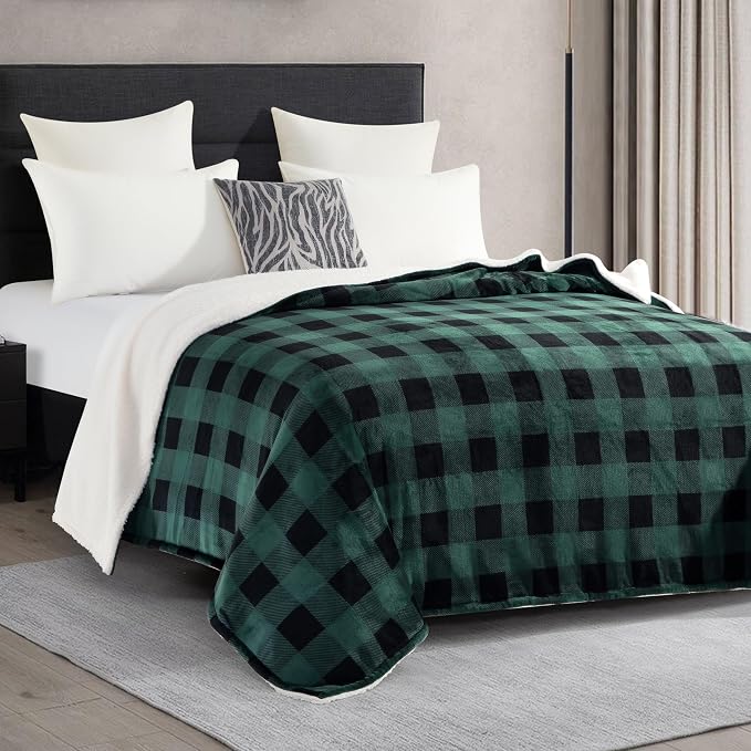 Elegant Comfort Ultra Soft Reversible Buffalo Plaid Flannel Sherpa Blanket - Cozy Silky Checkered Fleece Throw for Couch, Bed - Plush Fuzzy Warm Winter Blanket for Gift, Twin, Green