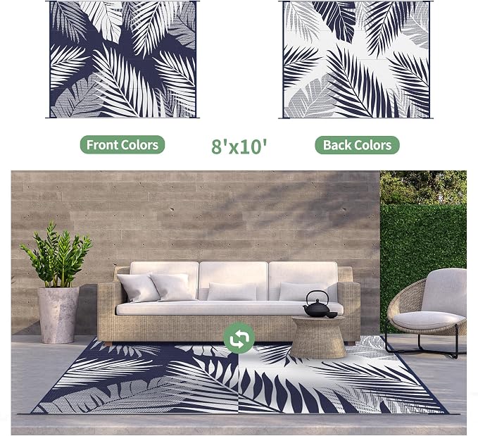 GENIMO Outdoor Rug, Waterproof Plastic Rugs for Patio, 8'x10' Blue White | Outside Larger Leaf Carpet Mat for Porch Decor, Deck, Balcony, Camping, RV, Backyard, Picnic, Beach, Reversible, Foldable