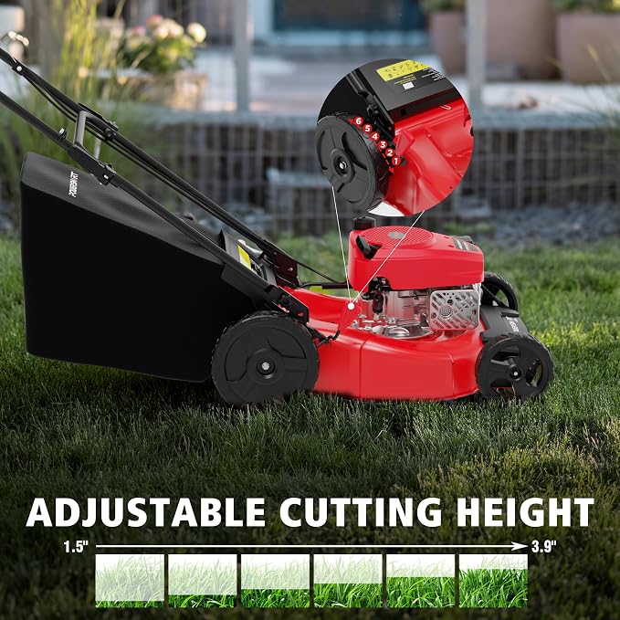 PowerSmart 21-Inch Gas Push Lawn Mower with OHV Engine, 3-in-1 (Bag/Mulch/Rear Discharge),6 Cutting Heights, Durable Steel Deck, Rear-Wheel Drive