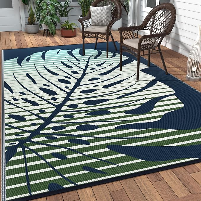 GENIMO Outdoor Rug, Waterproof Plastic Rugs for Patio, 6'x9' Sea Green | Outside Larger Leaf Carpet Mat for Porch Decor, Deck, Balcony, Camping, RV, Backyard, Picnic, Beach, Reversible, Foldable