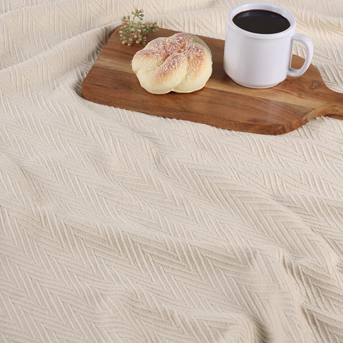 Superior Metro All-Season Cotton Blanket, Woven Blanket for Couch, Bed, Bedding, Farmhouse, Home Essentials, Cute and Cozy Bohemian Blankets, Herringbone Weave, Twin Size, Ivory
