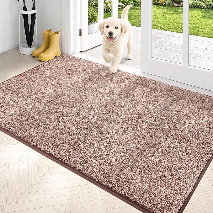 PURRUGS Dirt Trapping Door Mat 34" x 59", Non-Slip Machine Washable Entryway Rug, Dog Doormat, Indoor Front Door Mat, Super Absorbent Entry Rug for Muddy Shoes & Paws, Brown-Light Cream