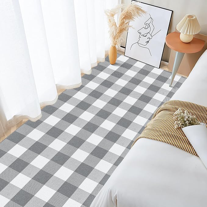 Buffalo Plaid Runner Rug 3x10 Feet Grey and White Checkered Runner Rug Cotton Woven Farmhouse Floor Mat Washable Rugs for Hallway Kitchen Laundry Bedroom Living Room