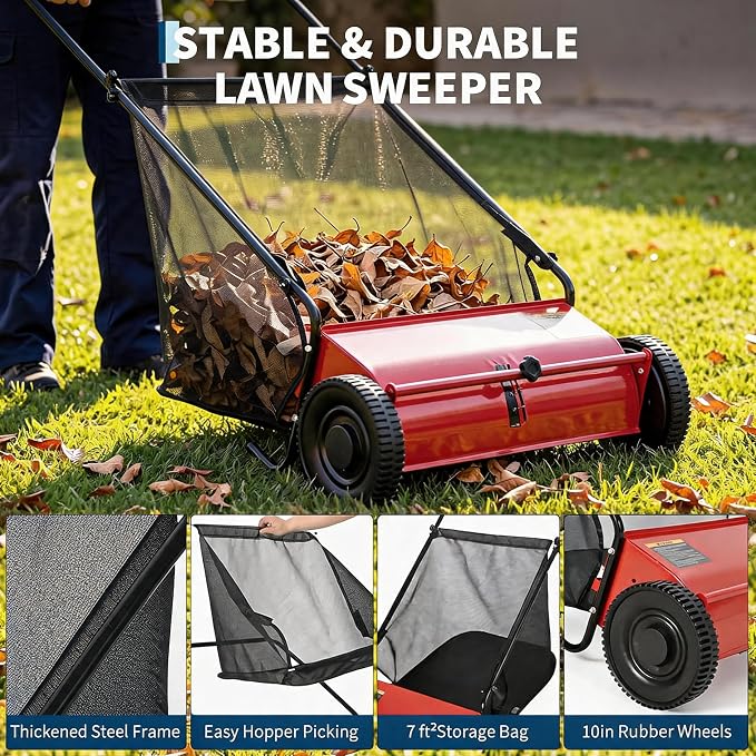Heavy Duty 26-Inch Push Lawn Sweeper – 4 High-Speed Spinning Brushes | Sturdy Steel Frame, 7 Cu. Ft. Removable lawn mower, Walk-Behind Leaf & Grass Collector for Yard, Garden, Driveway – Color: