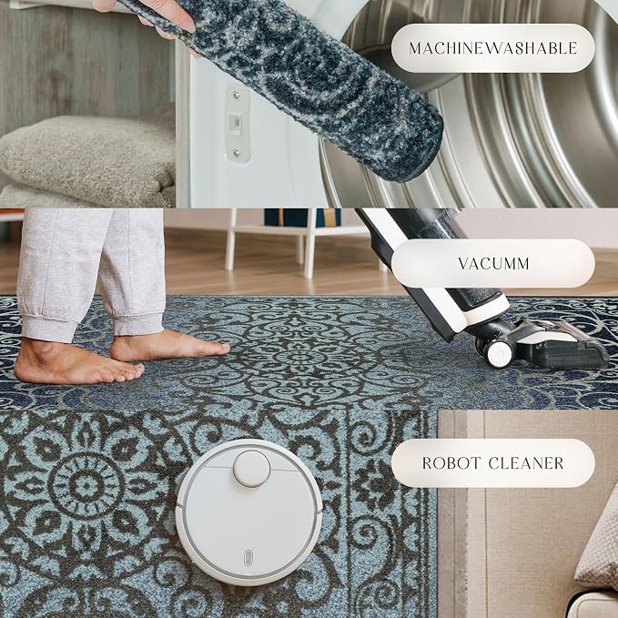 Maples Rugs Pelham Vintage Medallion Area Rugs - Made in USA - Washable, Non-Slip, Low Profile Indoor Rug for Entryway, Foyer, Kitchen, and Bathroom, 2'6 x 3'10, Navy/Grey