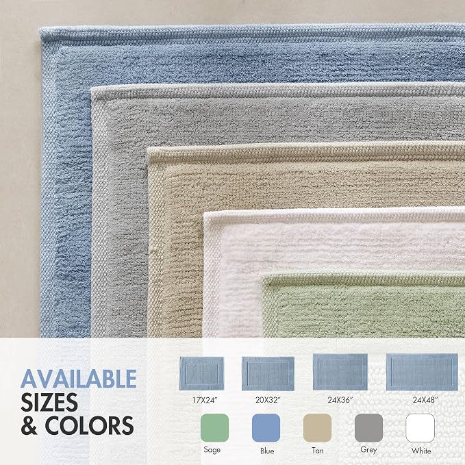 Madison Park Sanctuary 100% Cotton Non-Slip Bath Rug, 20x32 Inch, Blue | Low-Profile Woven Design, Ultra Soft Absorbent & Machine Washable, Ideal for Bathroom Bedroom and Entryway Decor