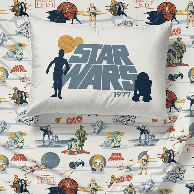 Jay Franco Kids Sheet Set with Fitted, Flat Sheets & Pillow Cover - Ultra-Soft Bedding with Pillowcase for Room Decor, Beige - Star Wars, 4 Piece Queen