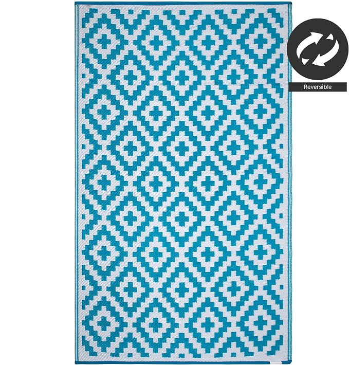 FH Home Outdoor Rug - Waterproof, Fade Resistant, Reversible - Premium Recycled Plastic - Geometric - Patio, Porch, Deck, Balcony - Aztec - Teal & White Crease Free - 5 x 8 ft