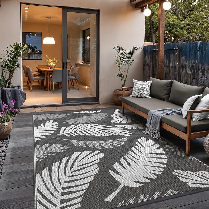 GENIMO Outdoor Rug, Waterproof Plastic Rugs for Patio, 6'x9' Grey White | Outside Larger Leaf Carpet Mat for Porch Decor, Deck, Balcony, Camping, RV, Backyard, Picnic, Beach, Reversible, Foldable
