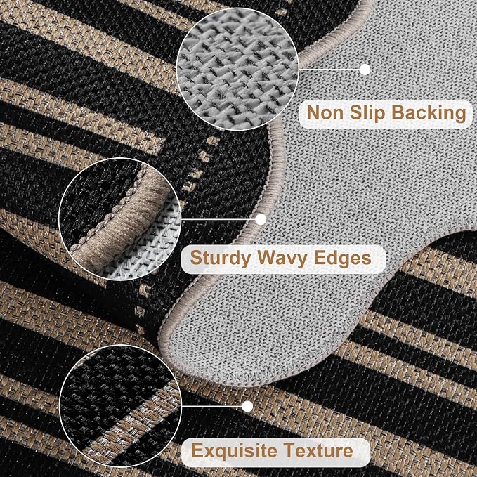 Striped Easy Jute 4x6 Outdoor Patio Rug, Washable Indoor Outdoor Black Kitchen Rugs Farmhouse Neutral Non Slip Area Rug for Living Room Backyard Bedroom