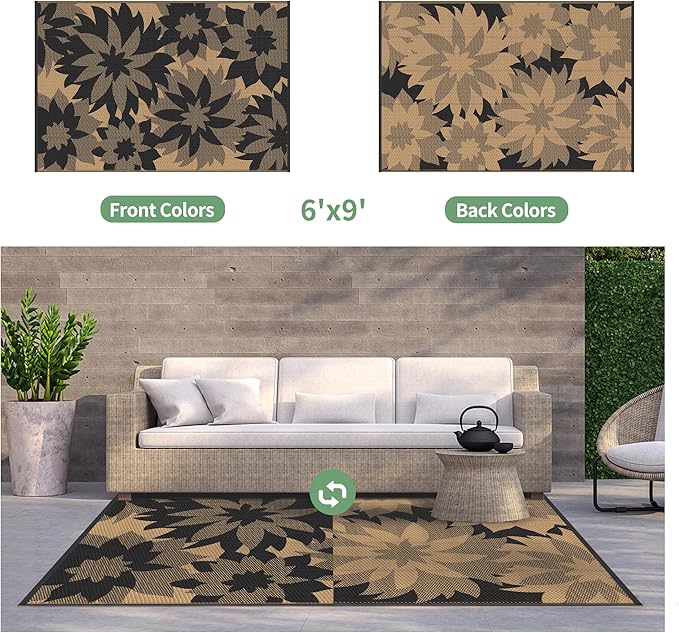 GENIMO Outdoor Rug, Waterproof Plastic Rugs for Patio, 6'x9' Raven Brown | Outside Larger Leaf Carpet Mat for Porch Decor, Deck, Balcony, Camping, RV, Backyard, Picnic, Beach, Reversible, Foldable