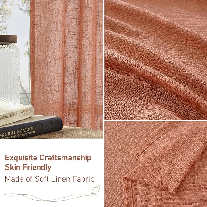 LAMIT Semi Sheer Linen Kitchen Curtains 24 Inch Length, Light Filtering Window Panels Back Tab and Rod Pocket Drapes for Basement/Small Windows, Terracotta, 25 x 24 Inch, 2 Panels
