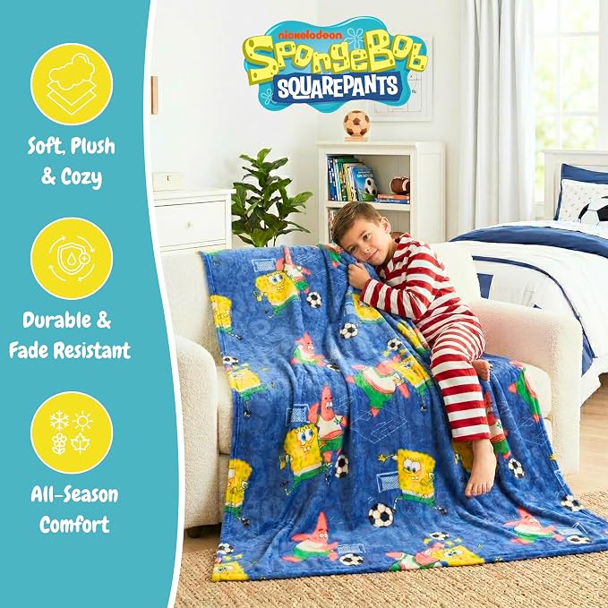 Spongebob Squarepants Kids Sports Soccer Throw, 46 in x 60 in, Soft Plush Blanket for Couch, Bed, or Sporting Events, 2026 World Tournament (Officially Licensed Product) by Franco