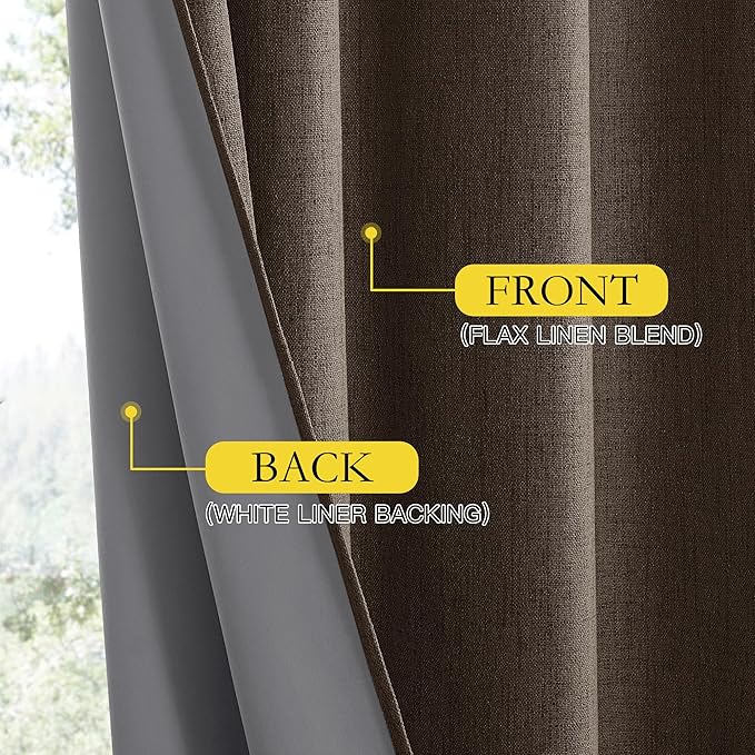 NICETOWN Coffee Vintage Linen 100% Blackout Curtains for Living Room, Thermal Insulated Curtains 108" Long, Noise Reducing Window Treatment Drapes for Hall Room, 52" Wide Per Panel, Set of 2