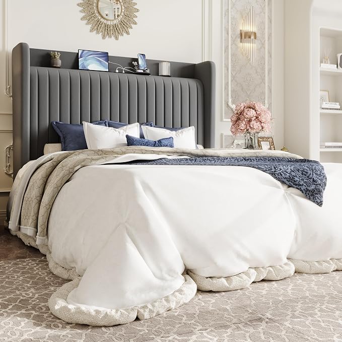 SHA CERLIN Queen Size Velvet Bed Frame with Shelf, Charging Station, Grey | Wingback Storage Headboard, Upholstered Platform Bed, Wooden Slats Support, No Box Spring Needed, Easy Assembly, Noise Free