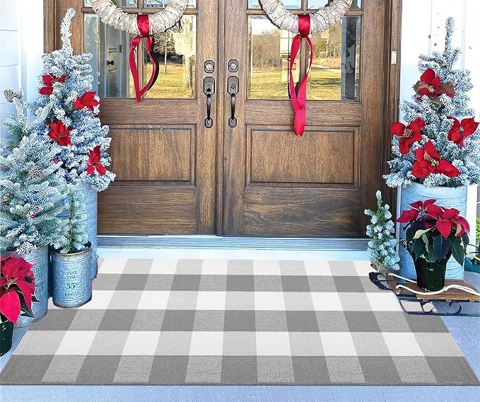 Grey and White Buffalo Plaid Rug 24''x 51''Checkered Outdoor Porch Rug Cotton Woven Machine Washable Farmhouse Mat for Indoor,Outdoor, Kitchen, Farmhouse, Entryway,Bathroom