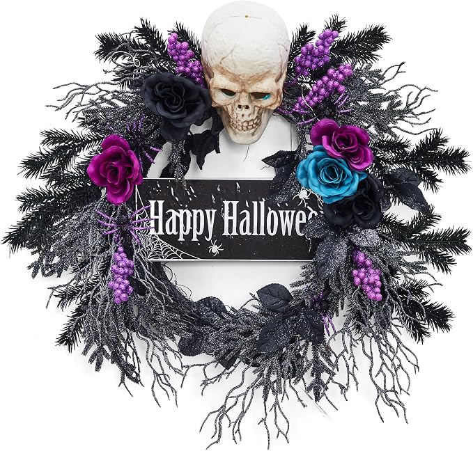 GarveeHome 22 in Halloween Wreath, with Black, Blue and Purple Flowers, Artificial Halloween Spooky Wreath with 20 Led Lights for Front Door, Porch, and Entryway