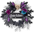 GarveeHome 22 in Halloween Wreath, with Black, Blue and Purple Flowers, Artificial Halloween Spooky Wreath with 20 Led Lights for Front Door, Porch, and Entryway